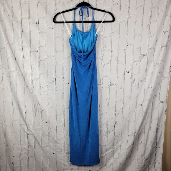 Hello Molly blue no bad vibes tie halter ruched side slit woven midi dress - Picture 7 of 12